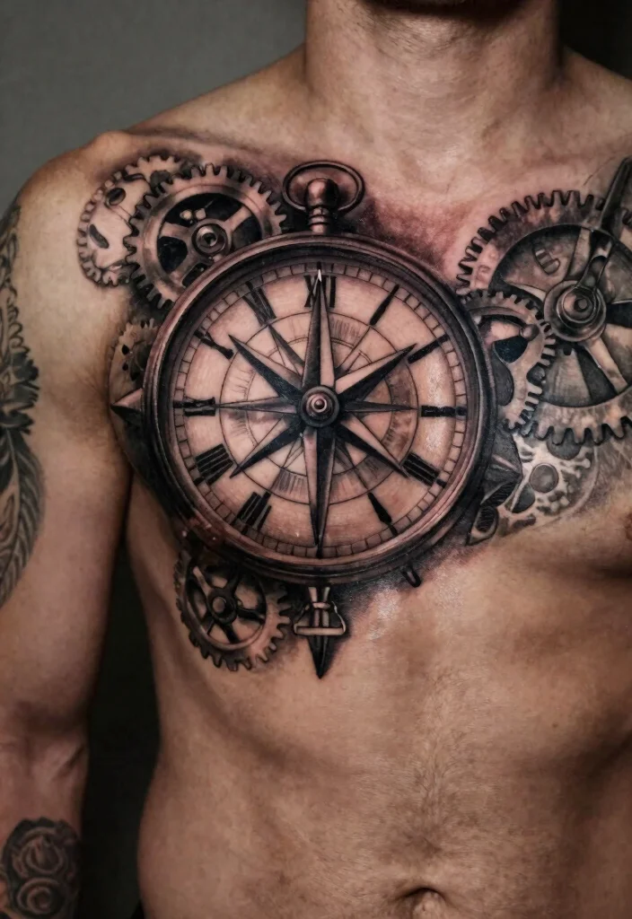 14 Chest to Shoulder Tattoo Ideas for Men Powerful Flow 9. Clock and Compass 0