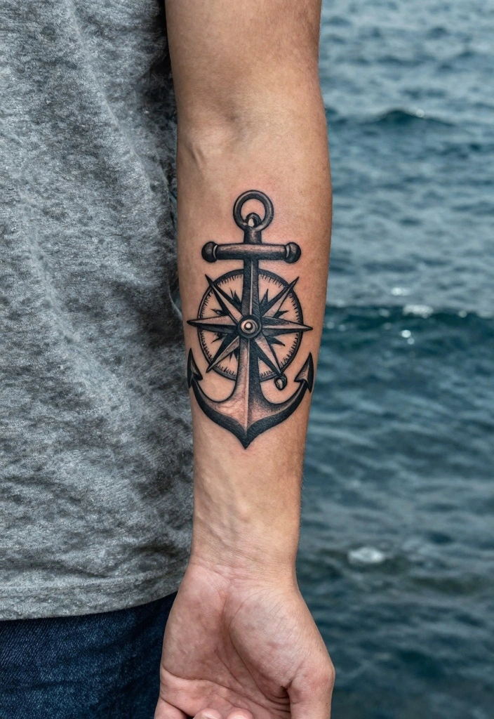 14 Compass Arm Tattoo Ideas for Men: Bold and Detailed - 10. Anchor and Compass 1