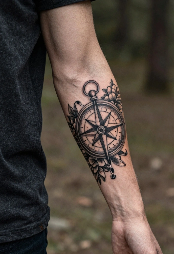 14 Compass Arm Tattoo Ideas for Men: Bold and Detailed - 11. Vintage Compass with Floral Elements 1