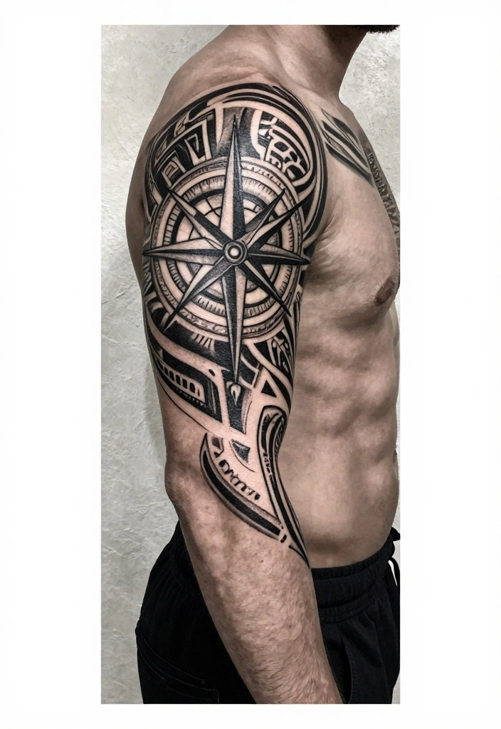 14 Compass Arm Tattoo Ideas for Men: Bold and Detailed - 8. Tribal Compass 1