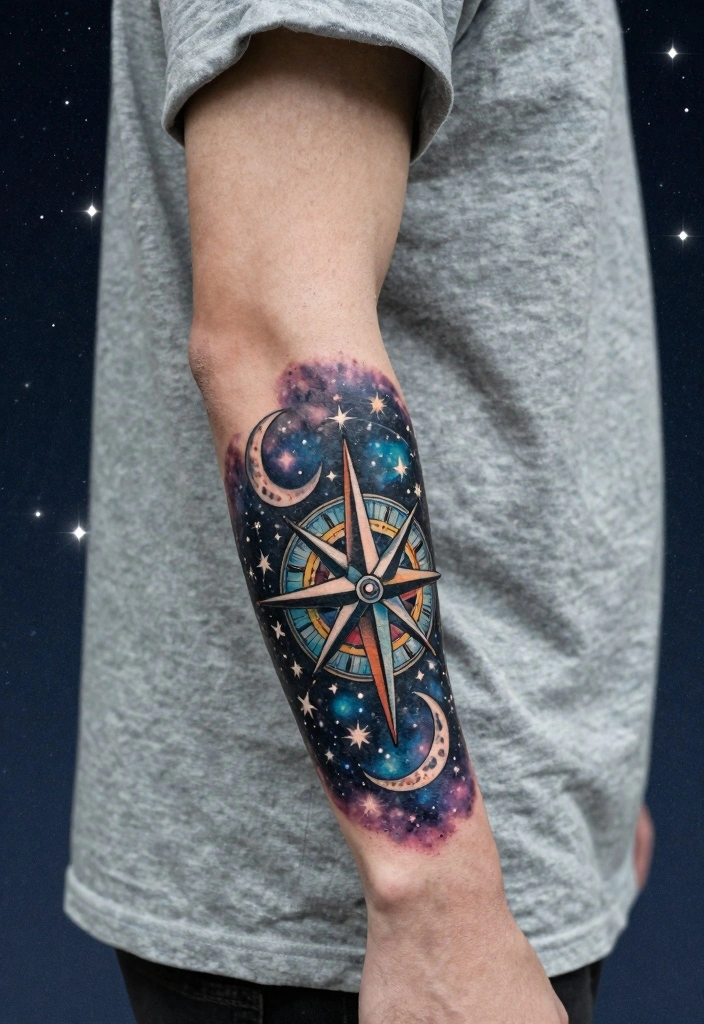 14 Compass Arm Tattoo Ideas for Men: Bold and Detailed - 9. Celestial Compass 1