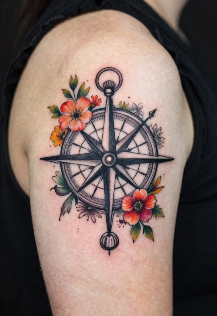 14 Compass Tattoo Ideas for Men With Strong Symbolism - 11. Floral Compass 1