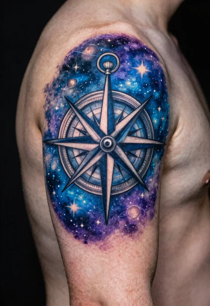 14 Compass Tattoo Ideas for Men With Strong Symbolism - 13. Cosmic Compass 1