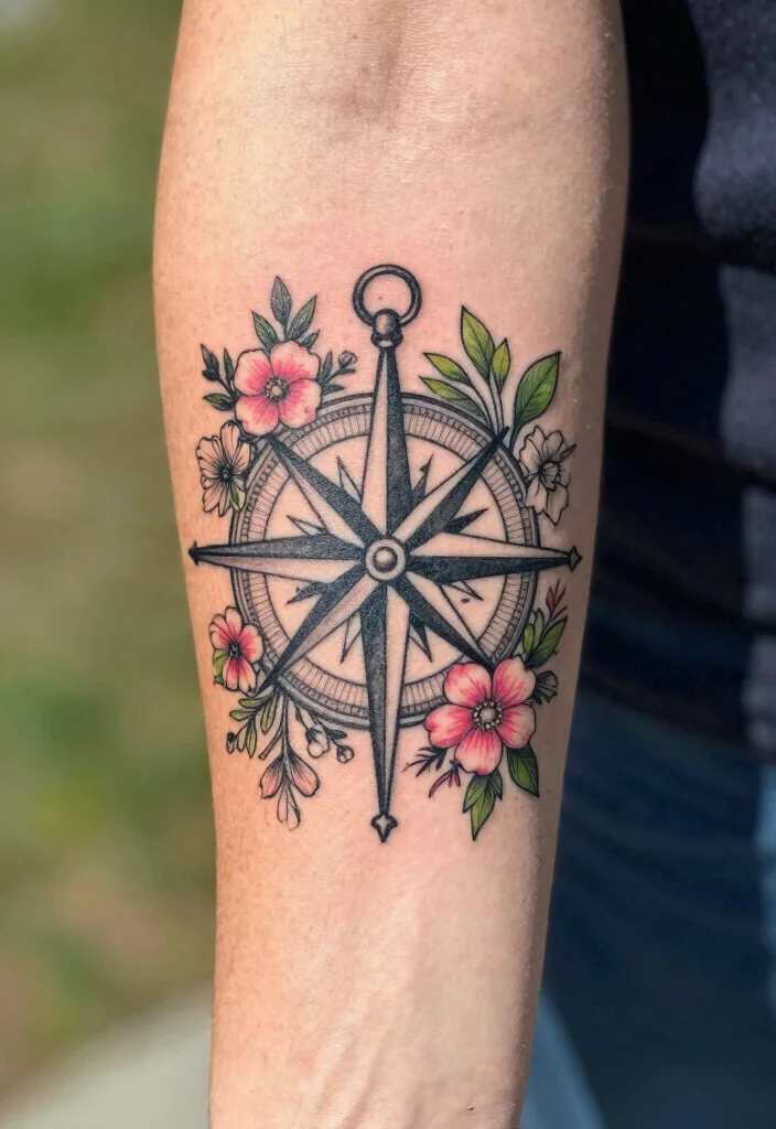 14 Compass Tattoo Ideas for Women: Elegant and Meaningful 12 14 Compass Tattoo Ideas for Women: Elegant and Meaningful - 2. Floral Compass Tattoo 1