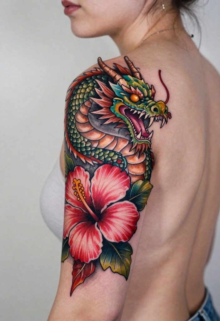 14 Dragon and Flower Tattoo Ideas for Women Power Meets Beauty 10. Dragon and Hibiscus Blend 0