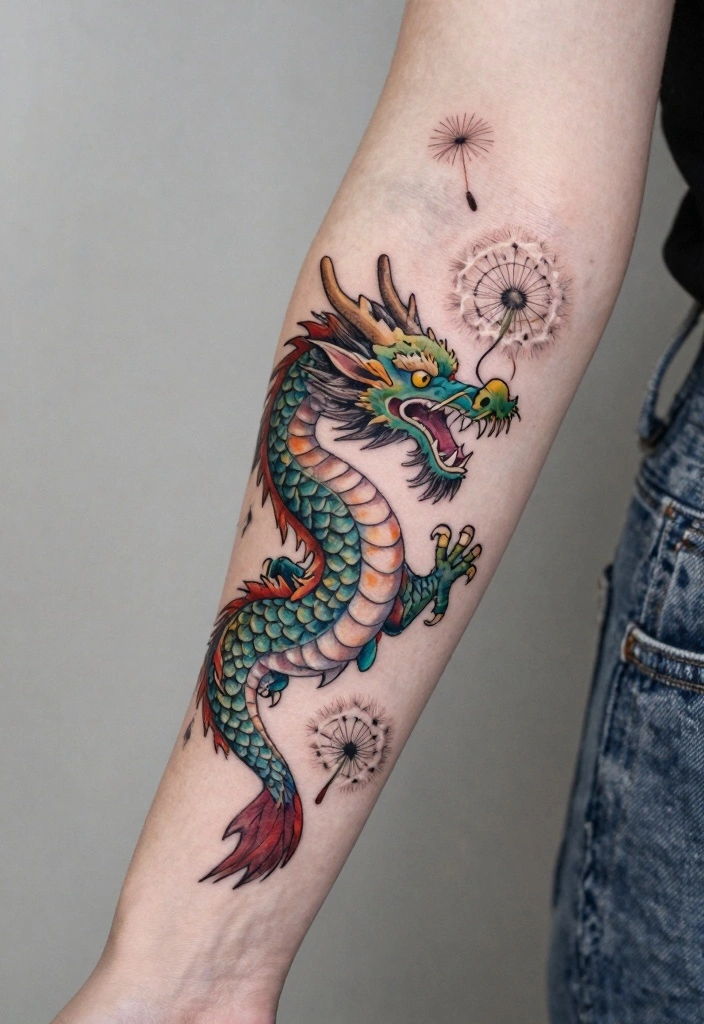 14 Dragon and Flower Tattoo Ideas for Women Power Meets Beauty 11. Dragon and Dandelion Dream 0