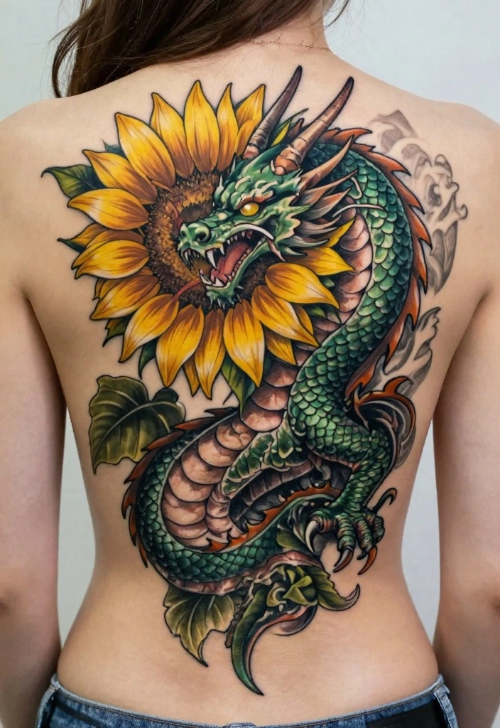 14 Dragon and Flower Tattoo Ideas for Women Power Meets Beauty 12. Dragon and Sunflower Harmony 0