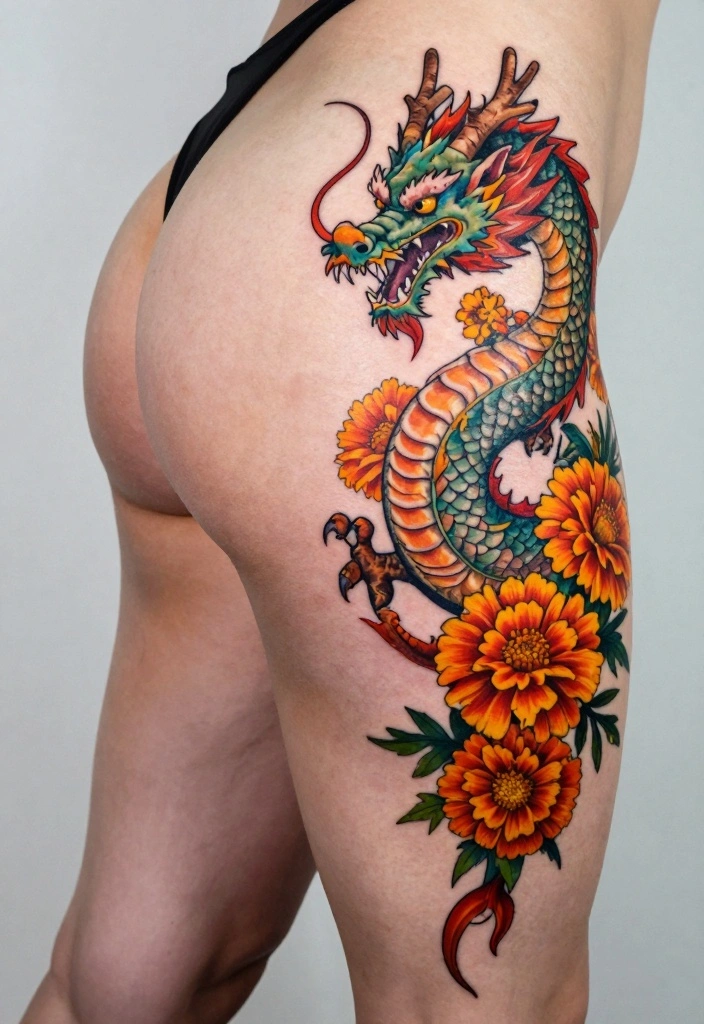 14 Dragon and Flower Tattoo Ideas for Women Power Meets Beauty 13. Dragon and Marigold Connection 0