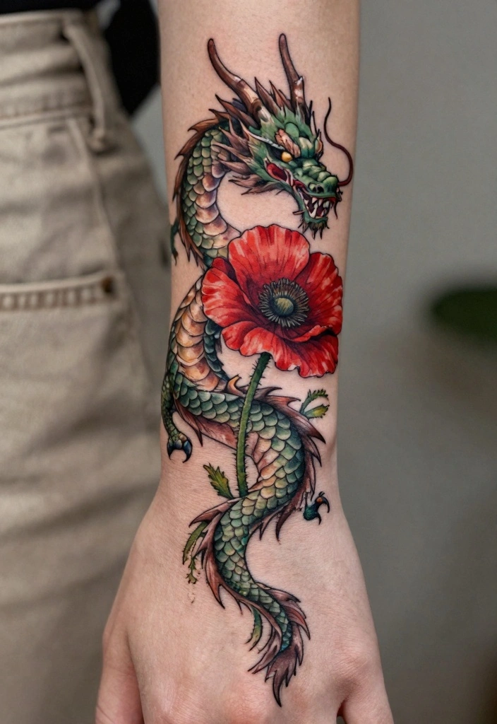 14 Dragon and Flower Tattoo Ideas for Women Power Meets Beauty 14. Dragon and Poppy Elegance 0