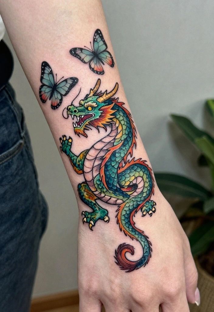 14 Dragon and Flower Tattoo Ideas for Women Power Meets Beauty 5. Dragon and Butterfly Blossom 0