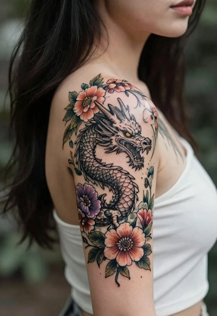 14 Dragon and Flower Tattoo Ideas for Women Power Meets Beauty 6. Elegant Dragon and Floral Wreath 0