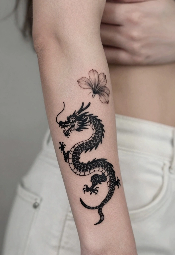 14 Dragon and Flower Tattoo Ideas for Women Power Meets Beauty 7. Minimalist Dragon and Flower 0