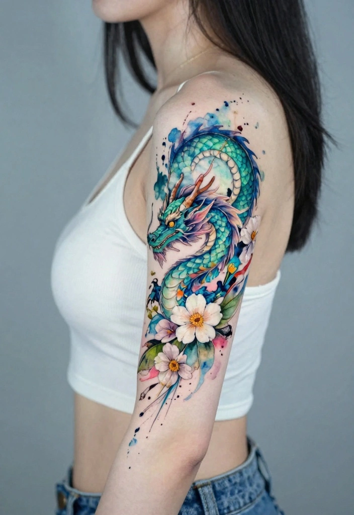 14 Dragon and Flower Tattoo Ideas for Women Power Meets Beauty 8. Watercolor Dragon and Wildflowers 0