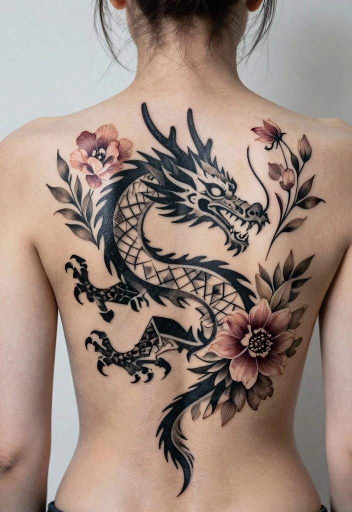 14 Dragon and Flower Tattoo Ideas for Women Power Meets Beauty 9. Geometric Dragon and Floral Design 0