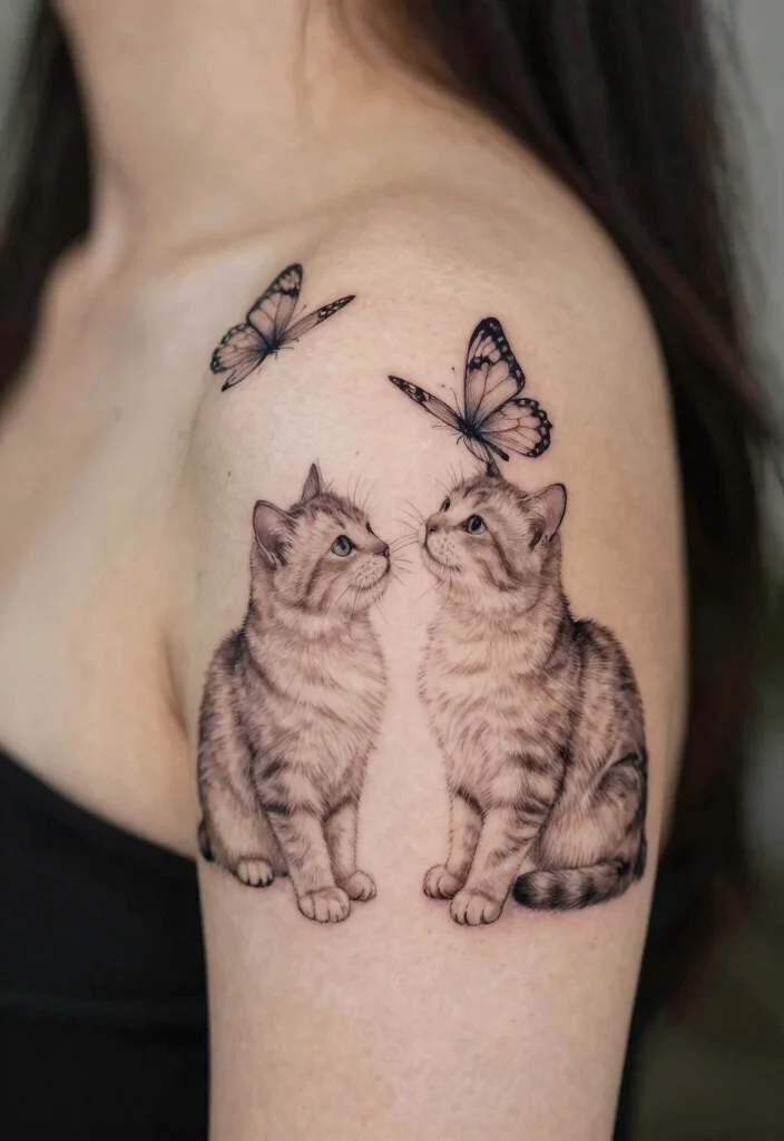14 Fine Line Cat Tattoo Ideas Minimal Cute and Modern 11. Cat and Butterfly 0