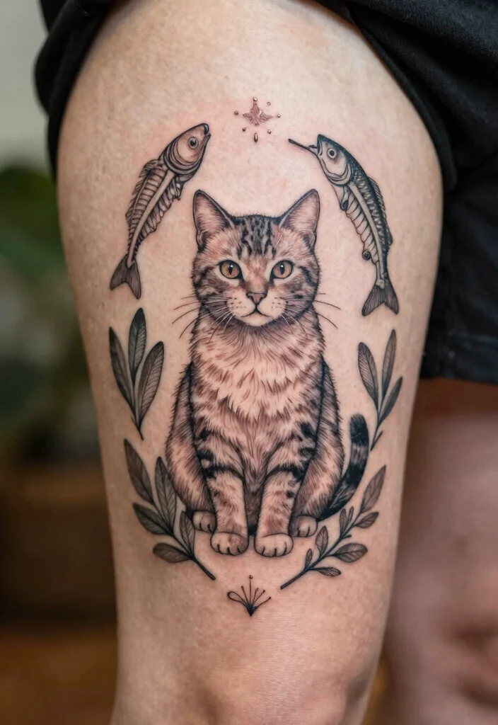 14 Fine Line Cat Tattoo Ideas Minimal Cute and Modern 12. Flat Lay Cat Ink 0