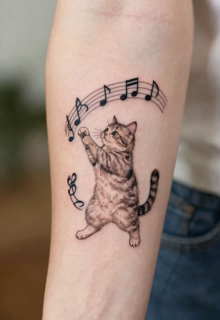 14 Fine Line Cat Tattoo Ideas Minimal Cute and Modern 13. Cat and Music Notes 0
