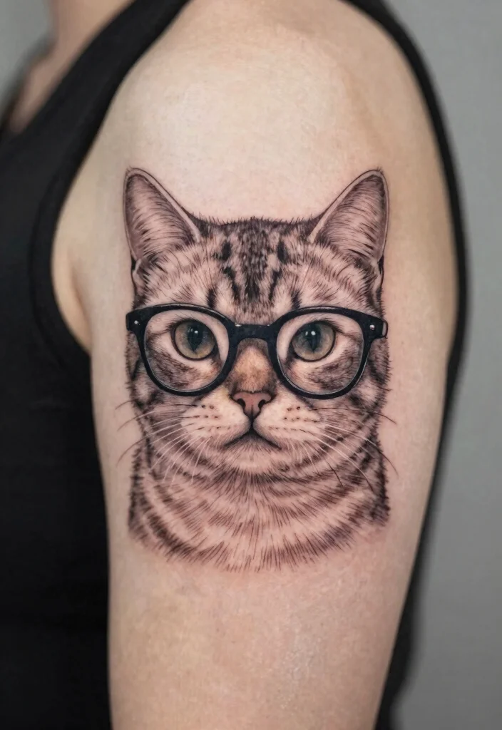 14 Fine Line Cat Tattoo Ideas Minimal Cute and Modern 14. Cat with Glasses 0