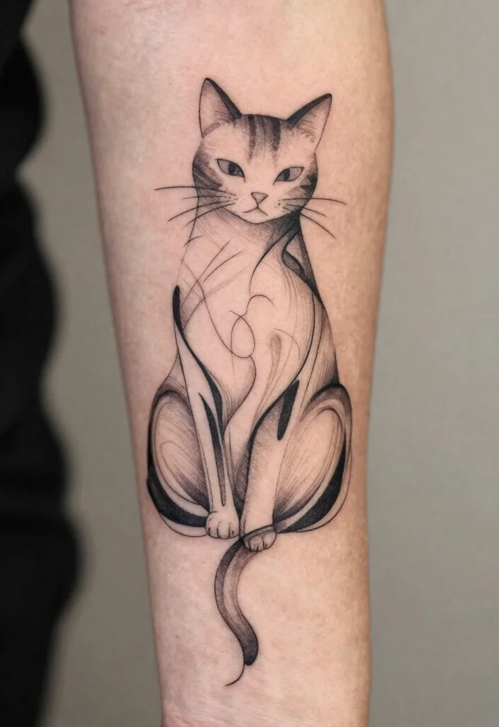 14 Fine Line Cat Tattoo Ideas Minimal Cute and Modern 3. Abstract Cat Design 0