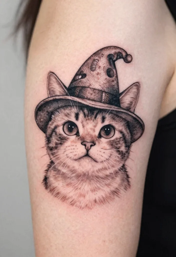 14 Fine Line Cat Tattoo Ideas Minimal Cute and Modern 5. Whimsical Cat in a Hat 0