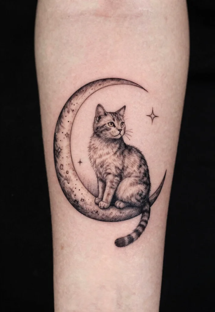 14 Fine Line Cat Tattoo Ideas Minimal Cute and Modern 6. Cat and Moon Tattoo 0