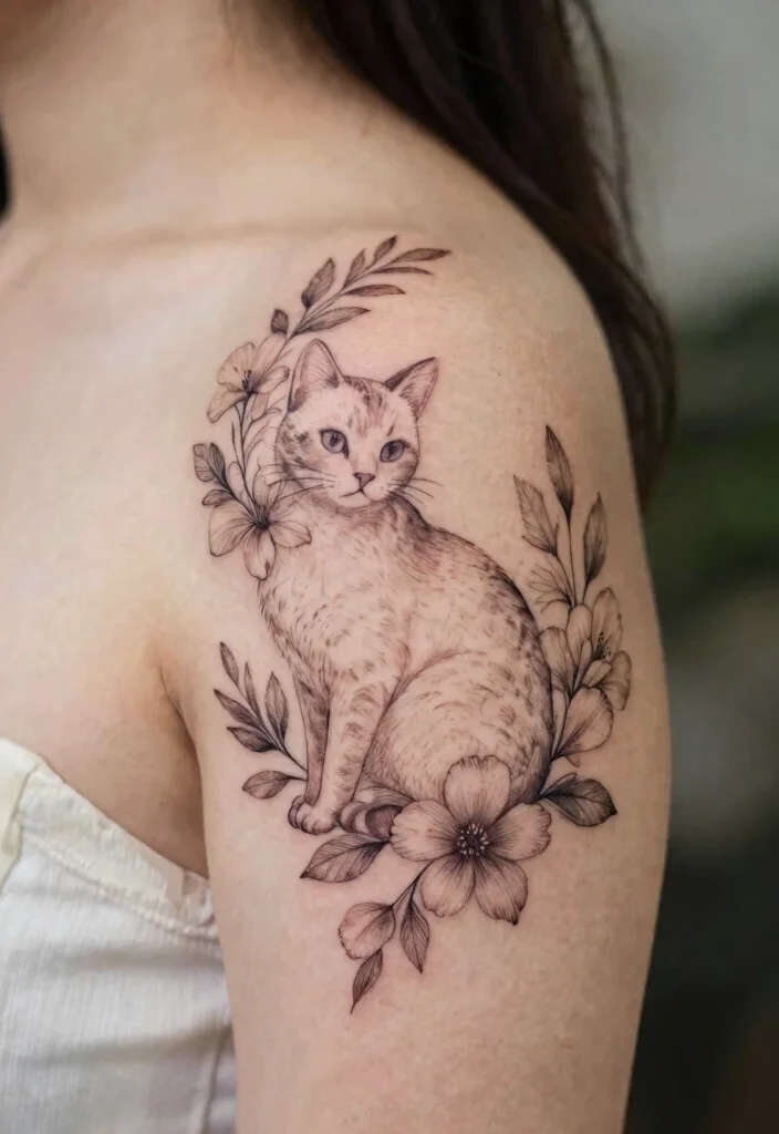 14 Fine Line Cat Tattoo Ideas Minimal Cute and Modern 8. Fine Line Cat in Nature 0