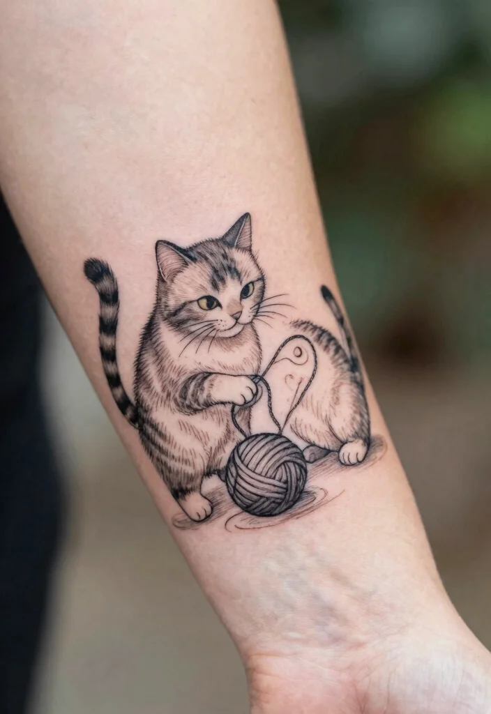 14 Fine Line Cat Tattoo Ideas Minimal Cute and Modern 9. Cat with a Yarn Ball 0