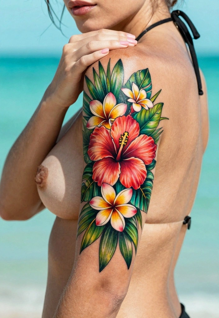 14 Girly Flash Tattoo Ideas: Cute, Playful, and Trendy - 13. Tropical Floral Burst 1