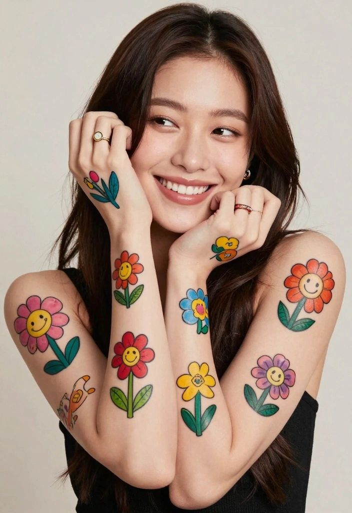 14 Girly Flash Tattoo Ideas: Cute, Playful, and Trendy - 8. Fun Cartoon Flowers 1
