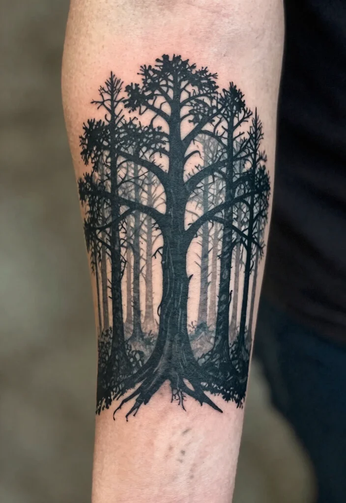 14 Horror Movie Flash Tattoo Ideas Dark and Iconic 7. Spooky Forest Silhouette 0