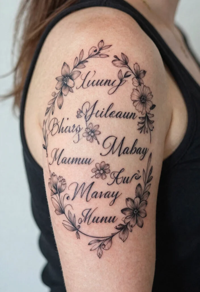 14 Kids Name Tattoo Ideas for Mothers With Heartfelt Meaning - 12. Multi-Name Circular Design 1