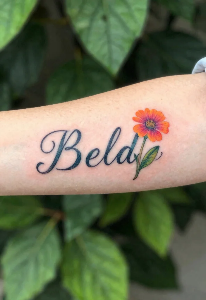 14 Kids Name Tattoo Ideas for Mothers With Heartfelt Meaning - 3. Name with Birth Flowers 1