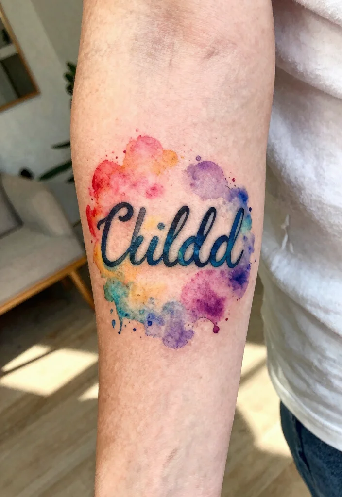 14 Kids Name Tattoo Ideas for Mothers With Heartfelt Meaning - 9. Watercolor Splashes 1