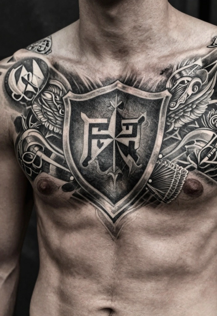 14 Meaningful Chest Tattoo Ideas for Men Deep and Personal 133 14 Meaningful Chest Tattoo Ideas for Men Deep and Personal 13. The Shield Protection and Honor 0