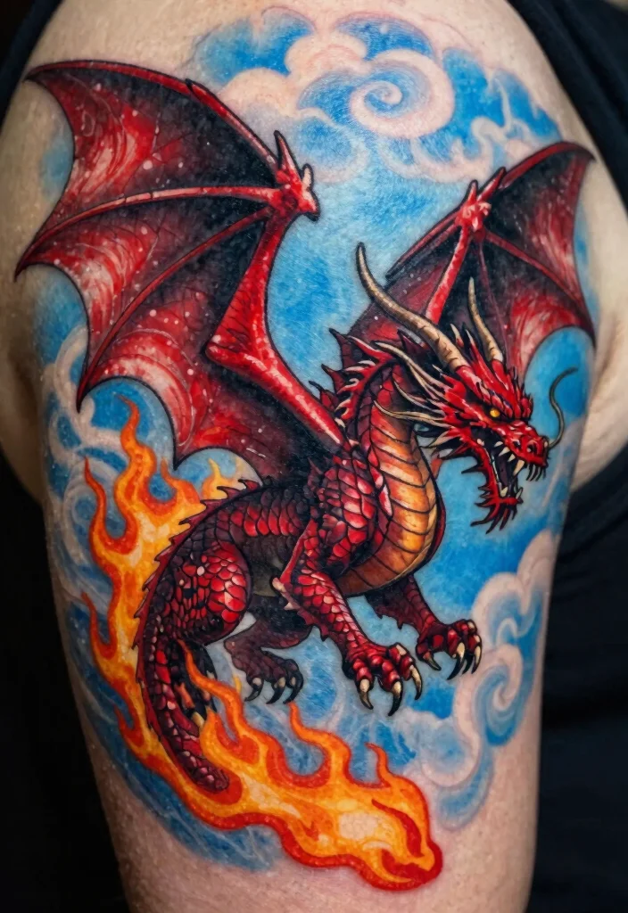 14 Red and Black Dragon Tattoo Ideas Bold and Powerful 1 14 Red and Black Dragon Tattoo Ideas Bold and Powerful - 1. Fiery Dragon in Flight 1