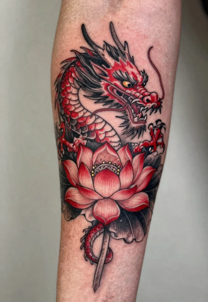 14 Red and Black Dragon Tattoo Ideas Bold and Powerful 111 14 Red and Black Dragon Tattoo Ideas Bold and Powerful - 11. Dragon and Lotus Flower 1