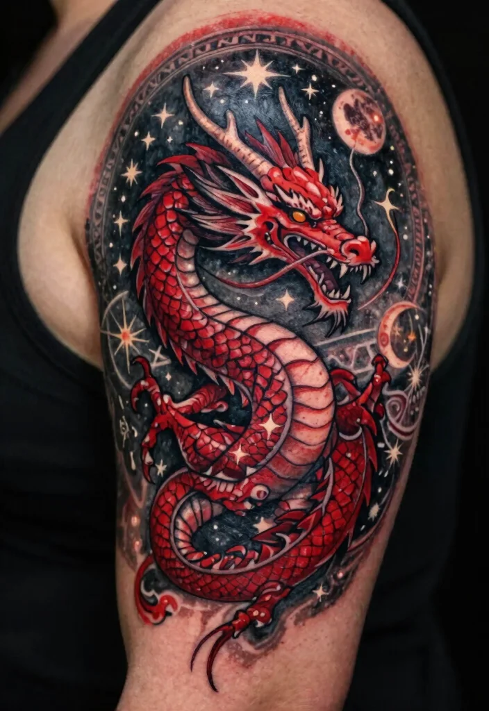 14 Red and Black Dragon Tattoo Ideas Bold and Powerful 144 14 Red and Black Dragon Tattoo Ideas Bold and Powerful - 14. Celestial Dragon Art 1