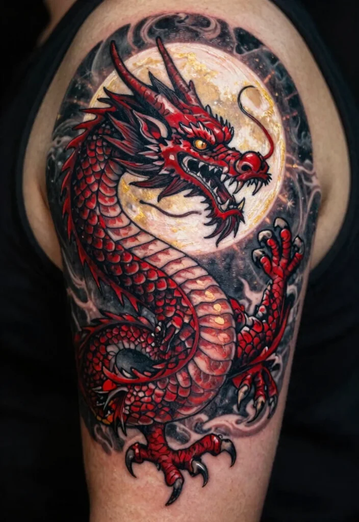 14 Red and Black Dragon Tattoo Ideas Bold and Powerful 34 14 Red and Black Dragon Tattoo Ideas Bold and Powerful - 4. Intricate Dragon and Moon 1