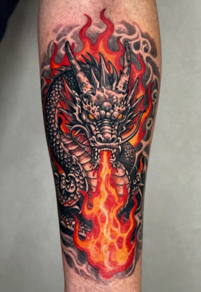 14 Red and Black Dragon Tattoo Ideas Bold and Powerful 45 14 Red and Black Dragon Tattoo Ideas Bold and Powerful - 5. Dragon with Flames and Smoke 1