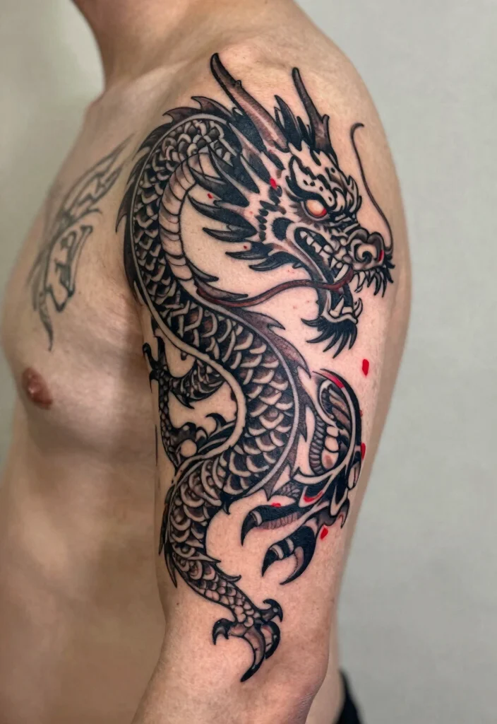 14 Red and Black Dragon Tattoo Ideas Bold and Powerful 56 14 Red and Black Dragon Tattoo Ideas Bold and Powerful - 6. Tribal Dragon Tattoo 1