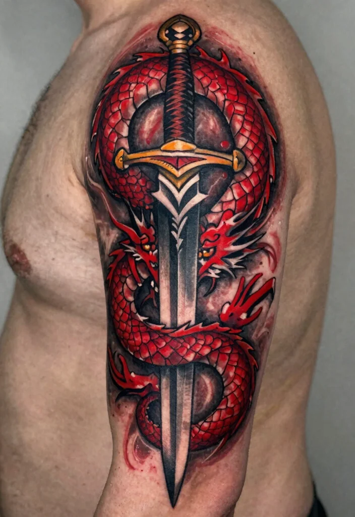 14 Red and Black Dragon Tattoo Ideas Bold and Powerful 67 14 Red and Black Dragon Tattoo Ideas Bold and Powerful - 7. Dragon and Sword Combination 1