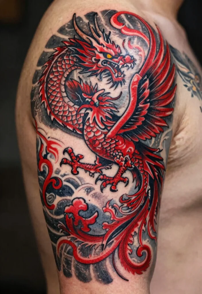 14 Red and Black Dragon Tattoo Ideas Bold and Powerful 89 14 Red and Black Dragon Tattoo Ideas Bold and Powerful - 9. Dragon and Phoenix Duality 1