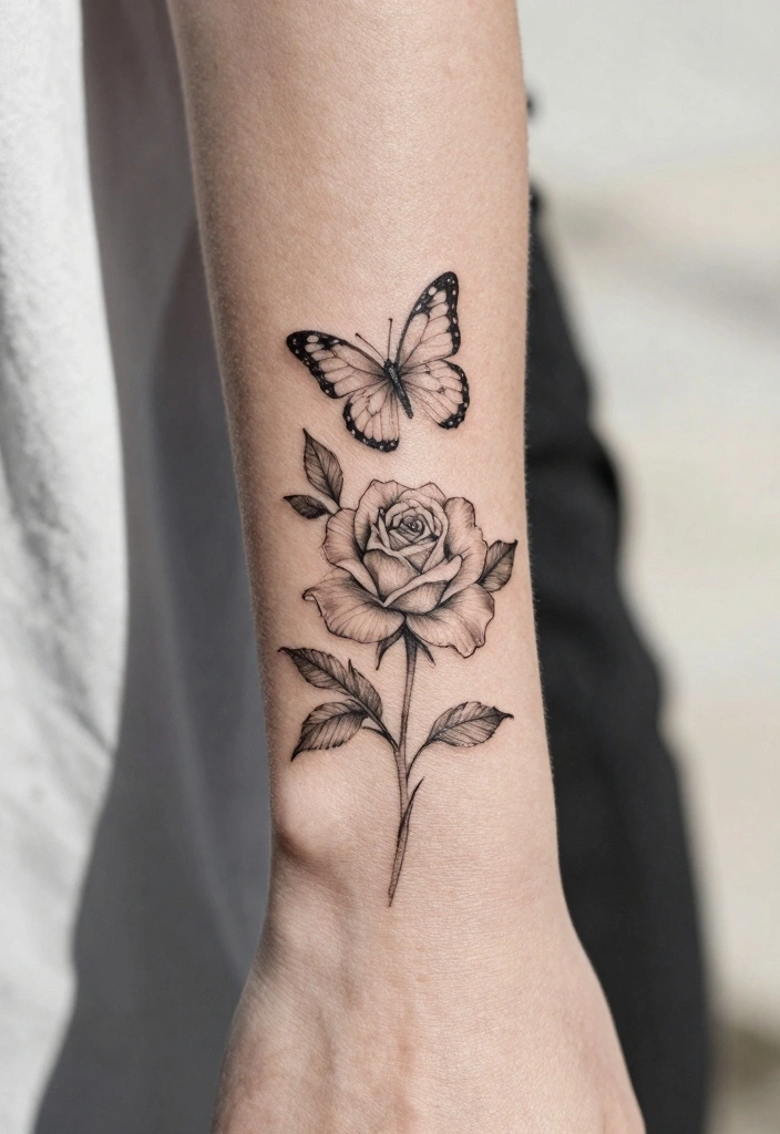 14 Rose With Butterfly Tattoo Ideas for Women Romantic and Soft 1. Delicate Outline Rose with Butterfly 0