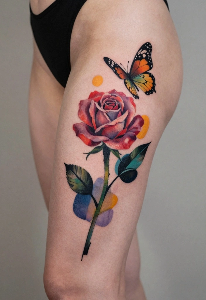 14 Rose With Butterfly Tattoo Ideas for Women Romantic and Soft 10. Abstract Rose and Butterfly 0