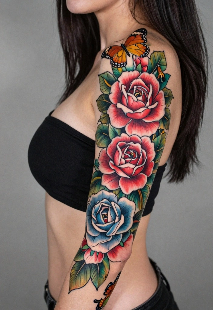 14 Rose With Butterfly Tattoo Ideas for Women Romantic and Soft 11. Floral Sleeve with Rose and Butterfly 0