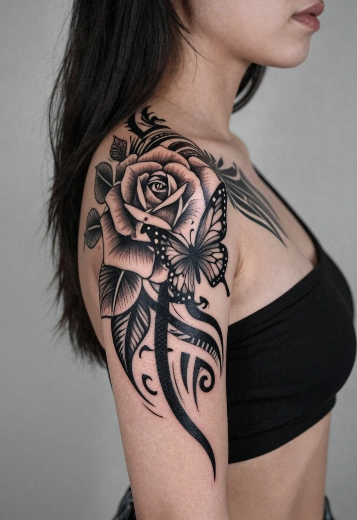 14 Rose With Butterfly Tattoo Ideas for Women Romantic and Soft 13. Tribal Rose and Butterfly 0