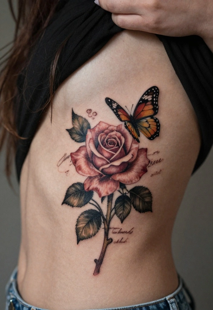 14 Rose With Butterfly Tattoo Ideas for Women Romantic and Soft 14. Nostalgic Rose and Butterfly 0