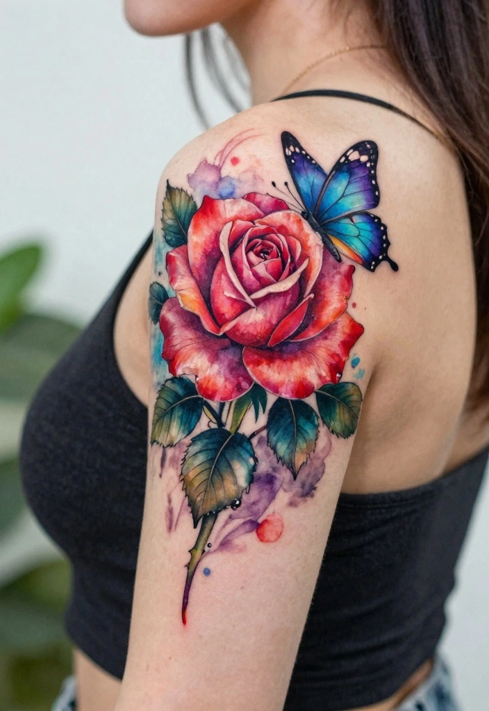 14 Rose With Butterfly Tattoo Ideas for Women Romantic and Soft 2. Watercolor Rose and Butterfly 0