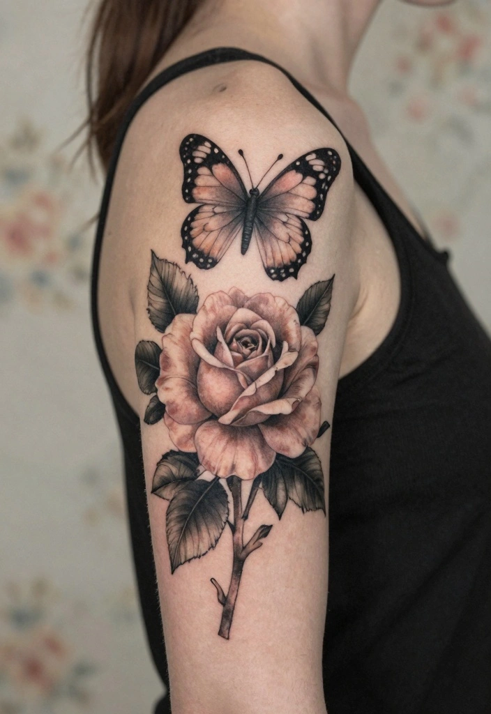 14 Rose With Butterfly Tattoo Ideas for Women Romantic and Soft 3. Vintage Floral with Butterfly 0