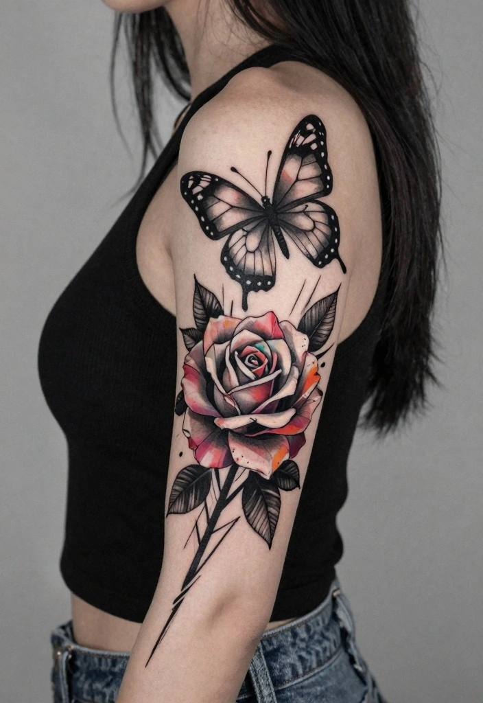 14 Rose With Butterfly Tattoo Ideas for Women Romantic and Soft 4. Geometric Rose and Butterfly 0